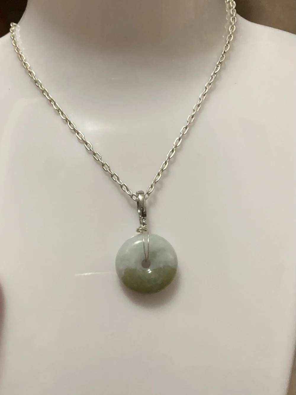 Jade Donut Pendant Necklace - Light Green/White